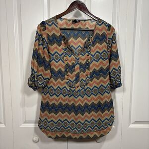 Angie Boho Top Womens L Chevron Peasant Blouse Button Detail Festival Y2K